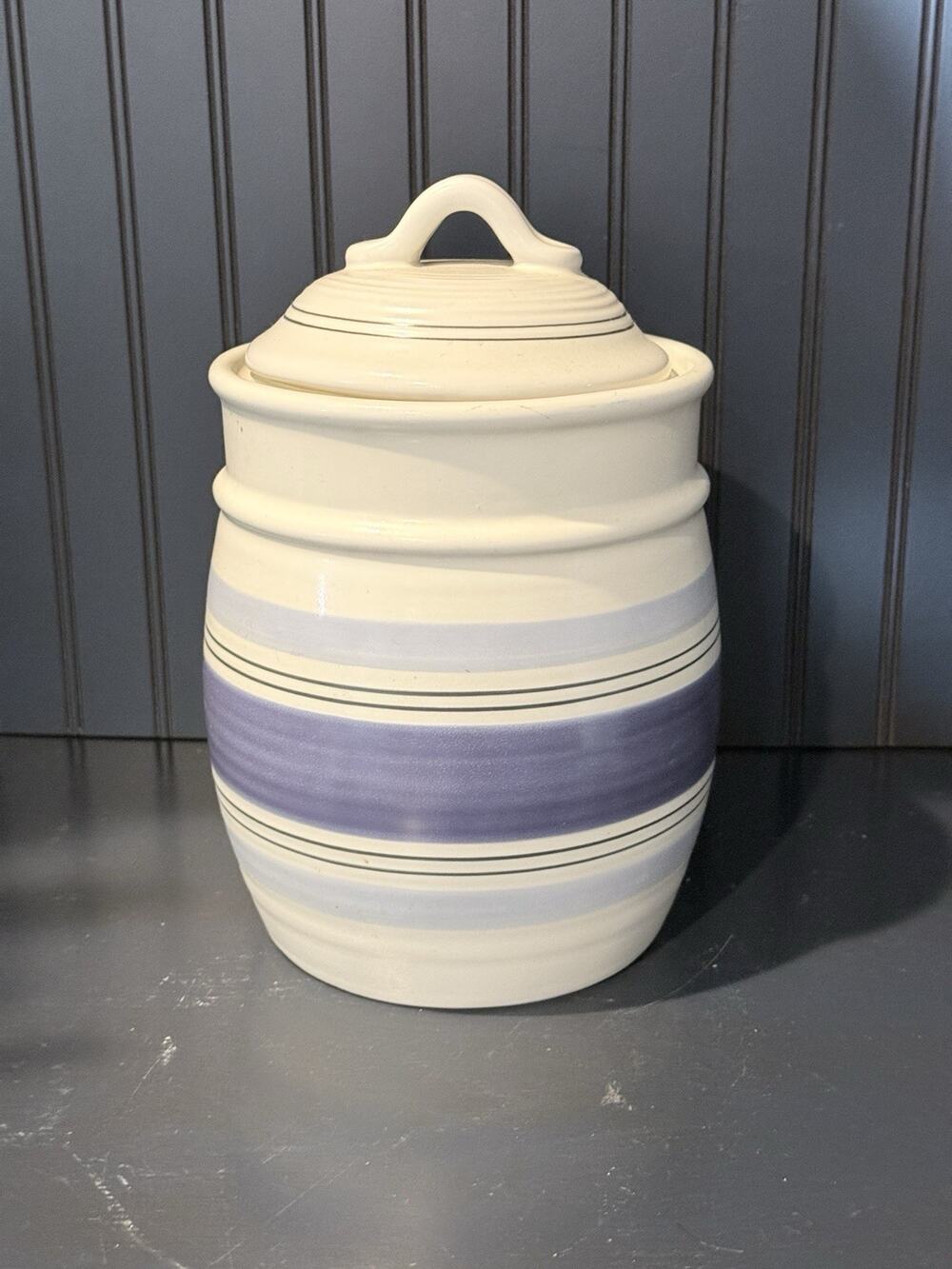 Pfaltzgraff RIO Ivory Blue Stripe Stoneware Medium Canister & Lid With Seal 9.5"